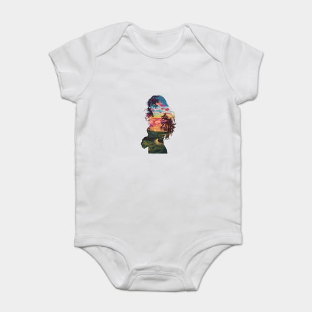 Girl Profile Filled with a Vibrant Nature Scene, Featuring Trees, a Sunset or Sunrise Sky, and a River Flowing Through a Landscape Baby Bodysuit by animegirlnft